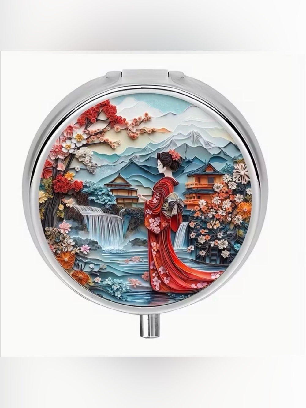 Japanese Geisha Round Pill Organizer 3-Compartment Compact Pill Case New - Picture 1 of 7
